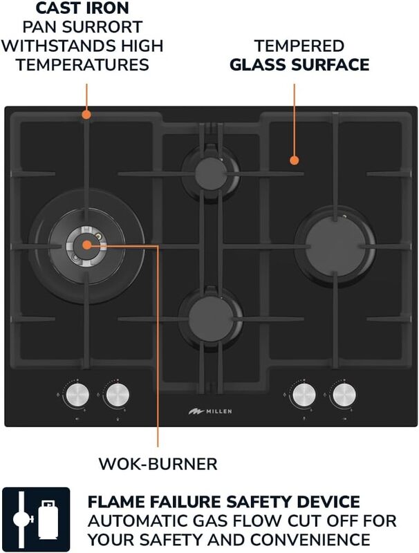 MILLEN 65 cm Built In Black Glass Gas Hob with SABAF Burners -3 Years Warranty, MGHG 6502 BL